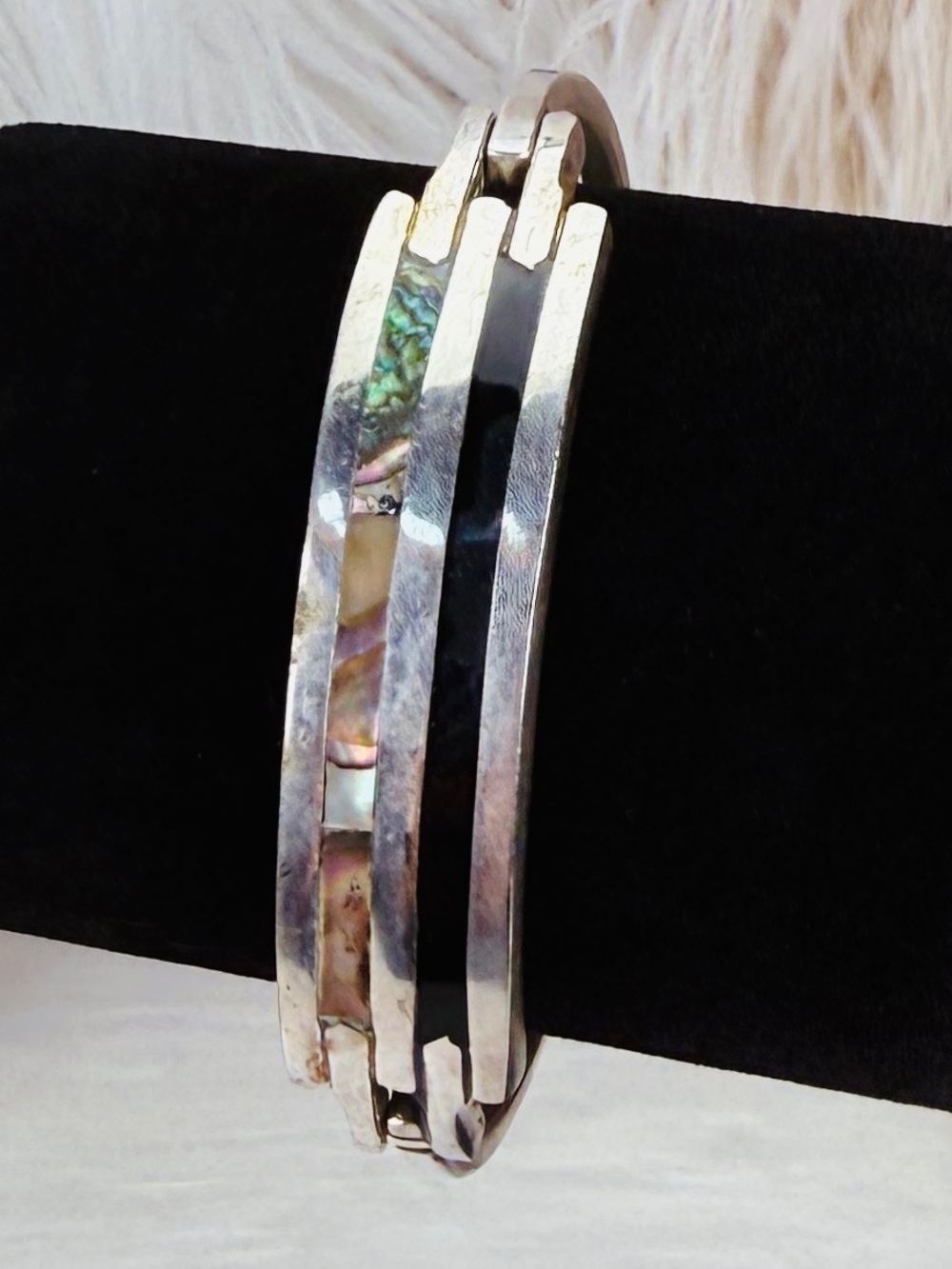 Vintage Alpaca Mexico Oxidized Silvertone Abalone Black Bangle Bracelet